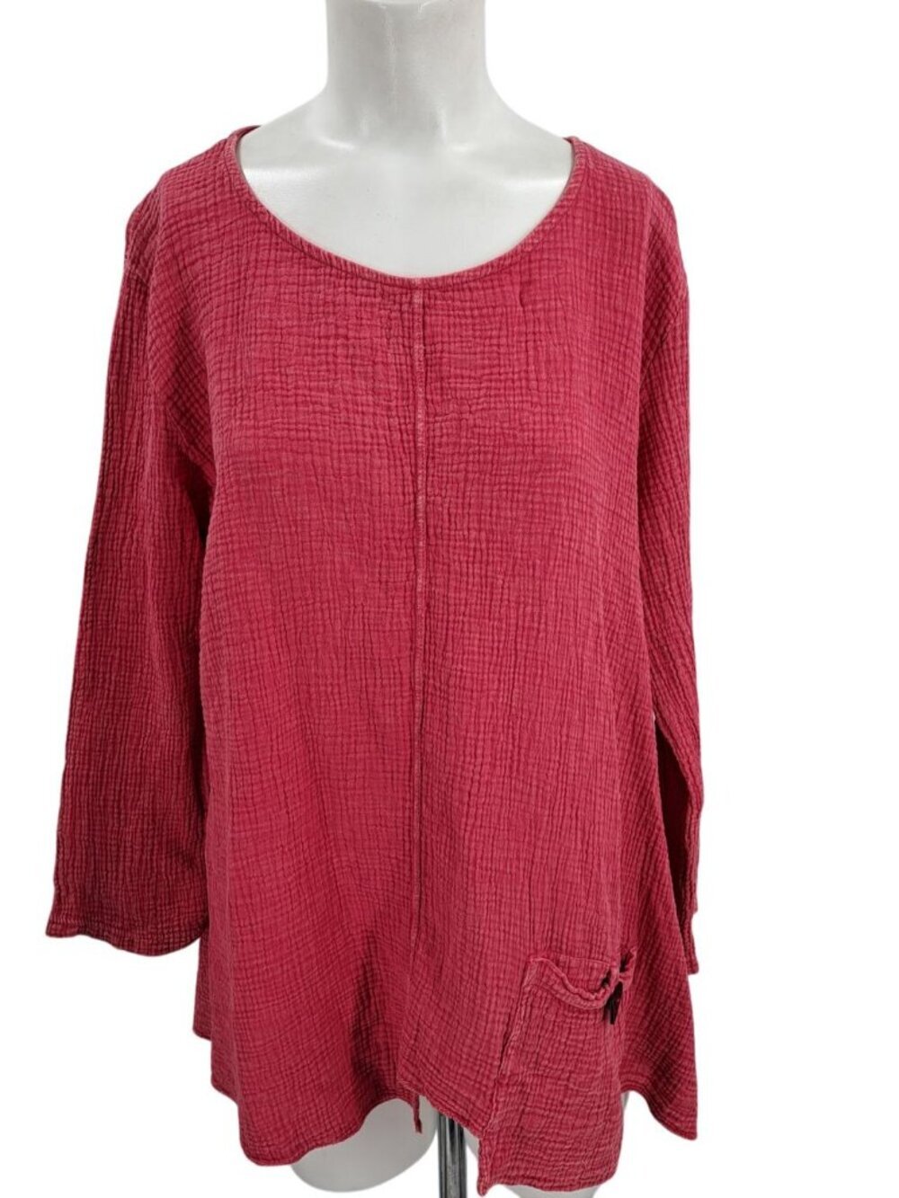 Jess & Jane Gauze 3/4 Sleeve Pink Blouse Top Size L Lagenlook Pockets Tunic Boho
